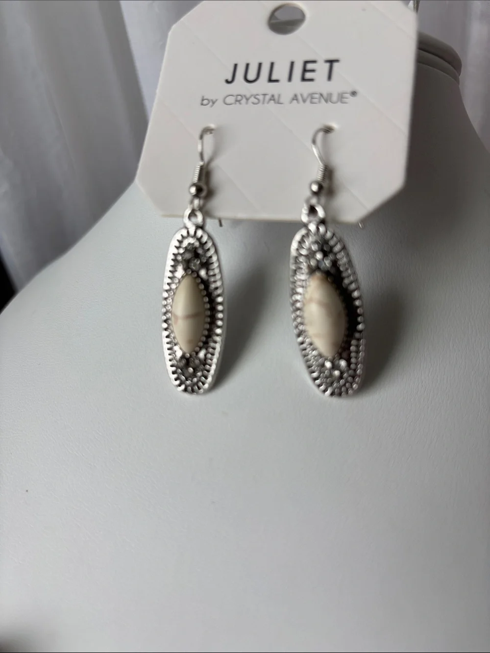 Juliet By Crystal Ave. oval ivory stone set in textured design,dangle,Western